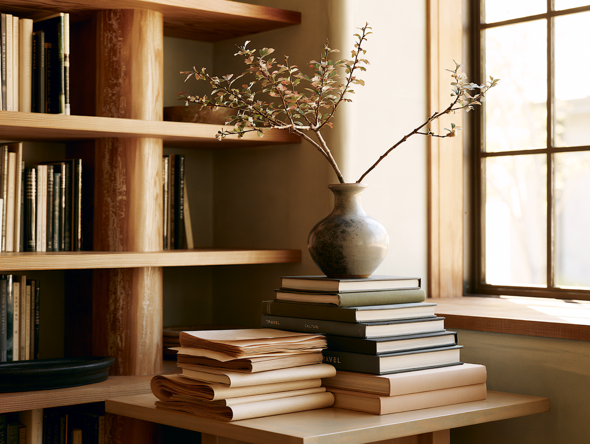 Quiet Japanese bookstore corner with travel and culture books
