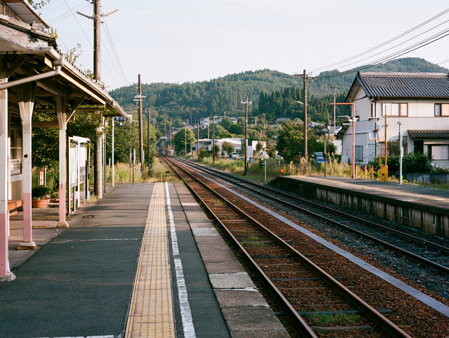 Quiet Japanese train platform in the countryside