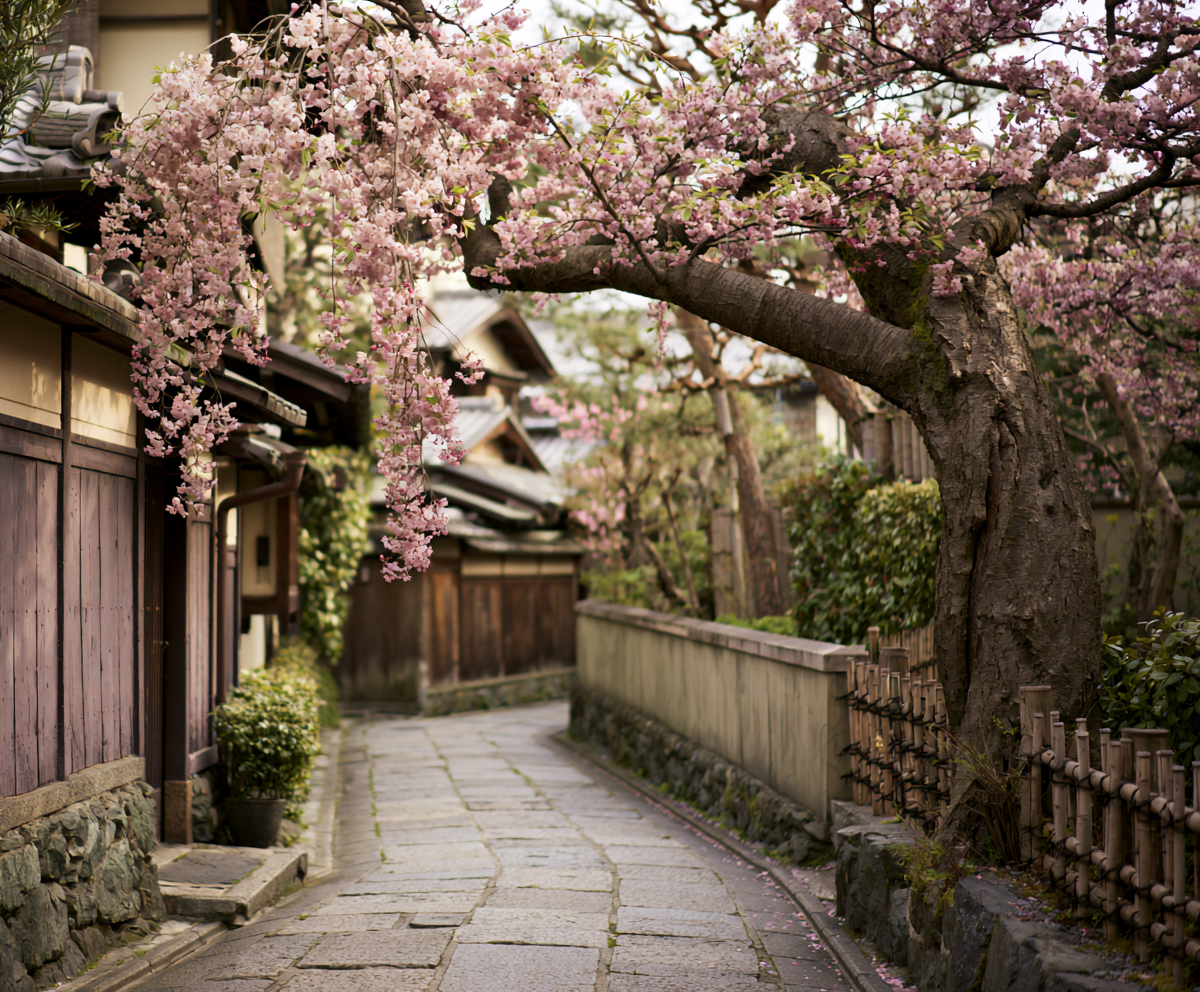 Cherry blossoms over a quiet walking path in Kyoto