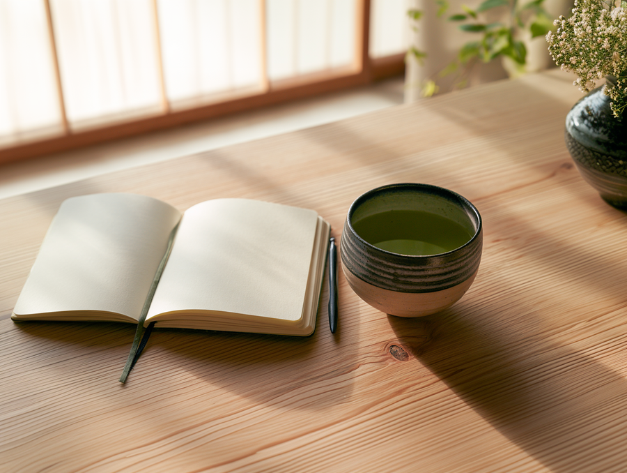 Open travel journal with green tea on a wooden table
